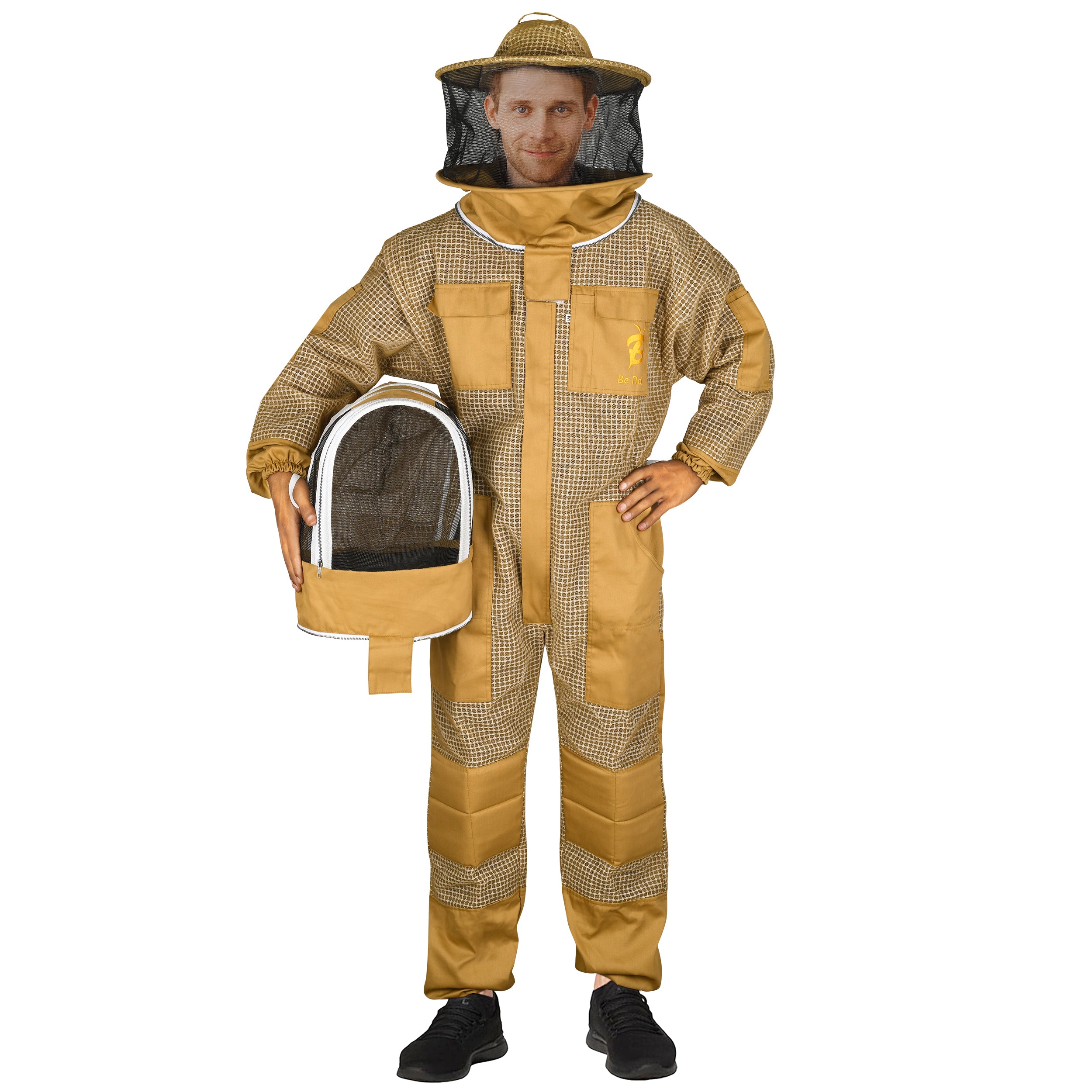 3 Layer Bee Suits Khaki with Two Veils for Men and Women – Anti-sting Ventilated Costumes with Gloves Set.