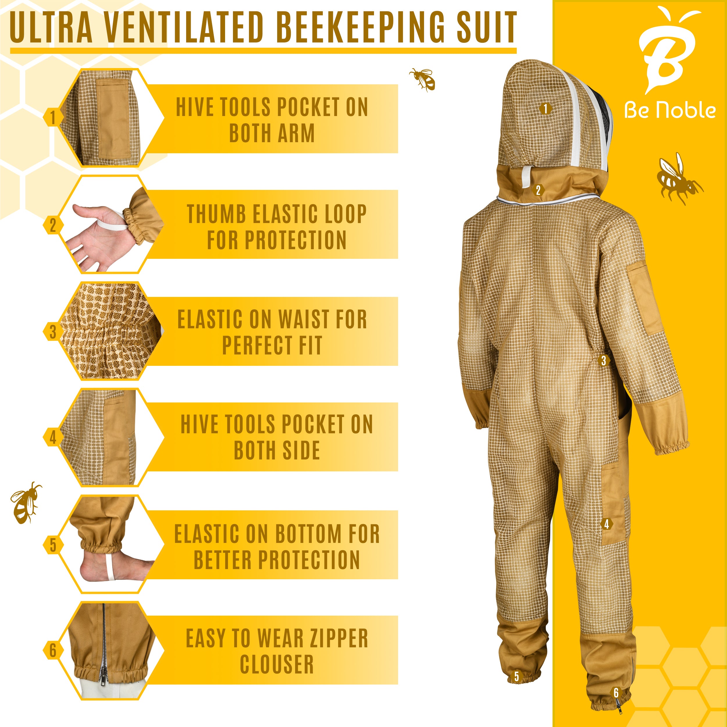 3 Layer Bee Suits Khaki with Two Veils for Men and Women – Anti-sting Ventilated Costumes with Gloves Set.