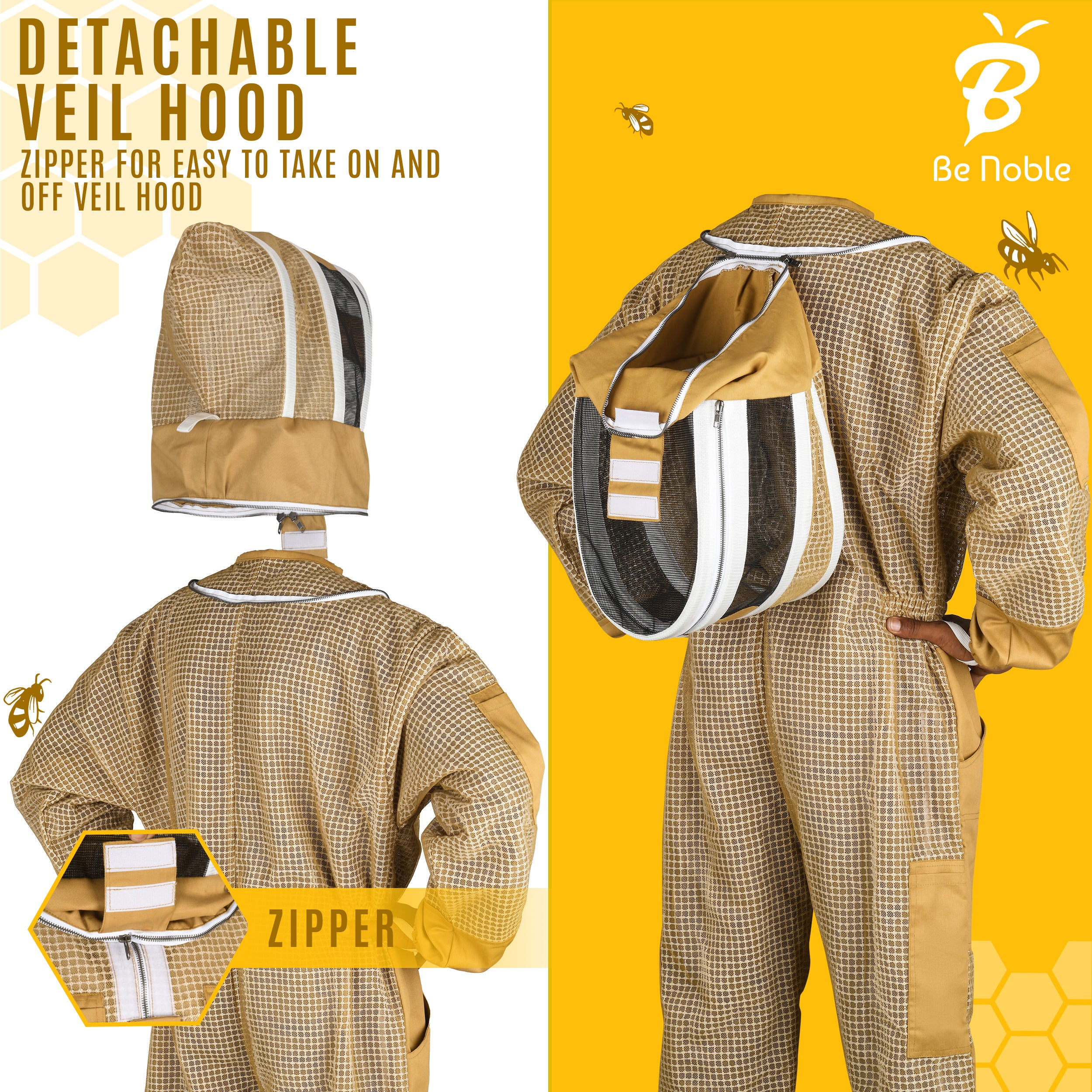 3 Layer Bee Suits Khaki with Two Veils for Men and Women – Anti-sting Ventilated Costumes with Gloves Set.
