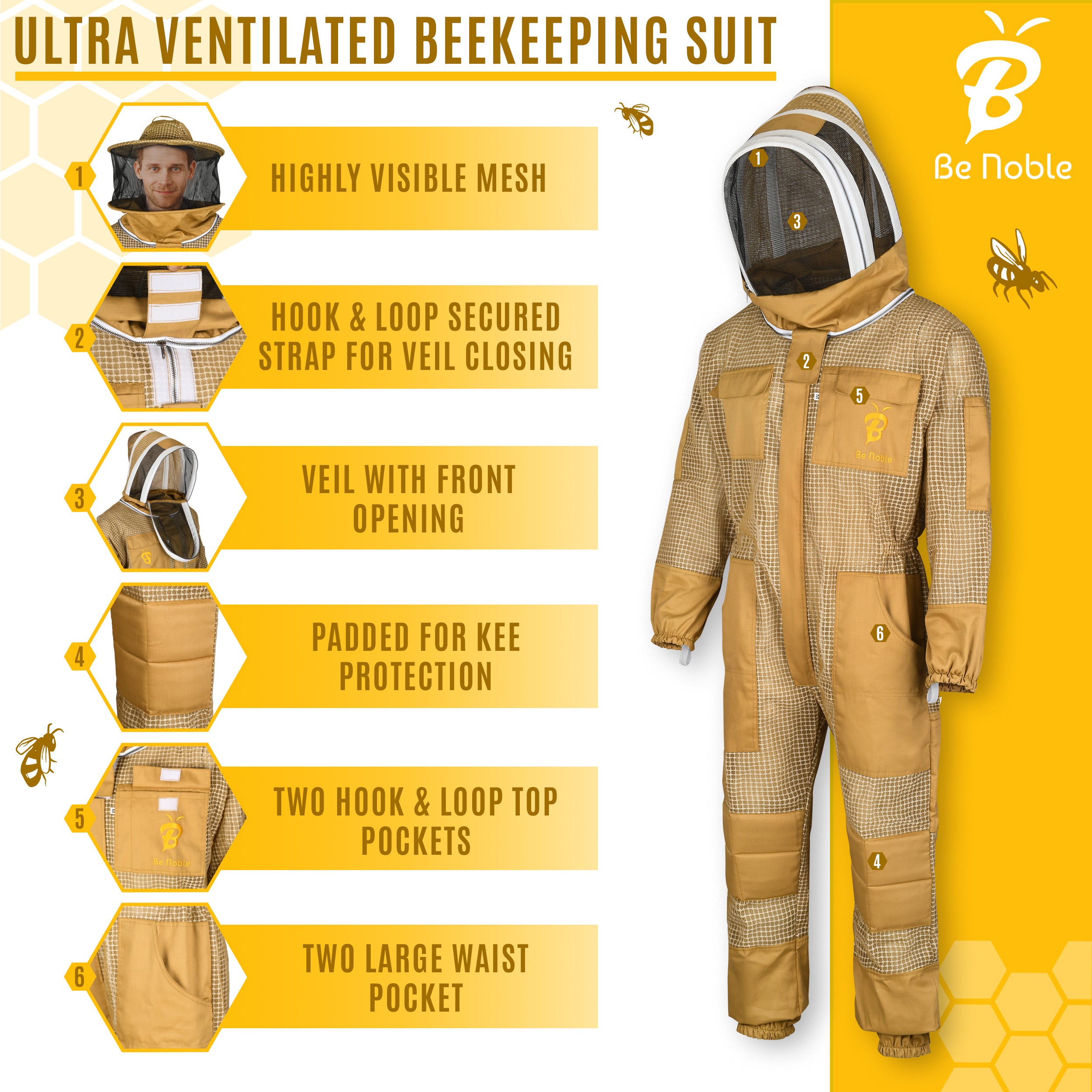 3 Layer Bee Suits Khaki with Two Veils for Men and Women – Anti-sting Ventilated Costumes with Gloves Set.