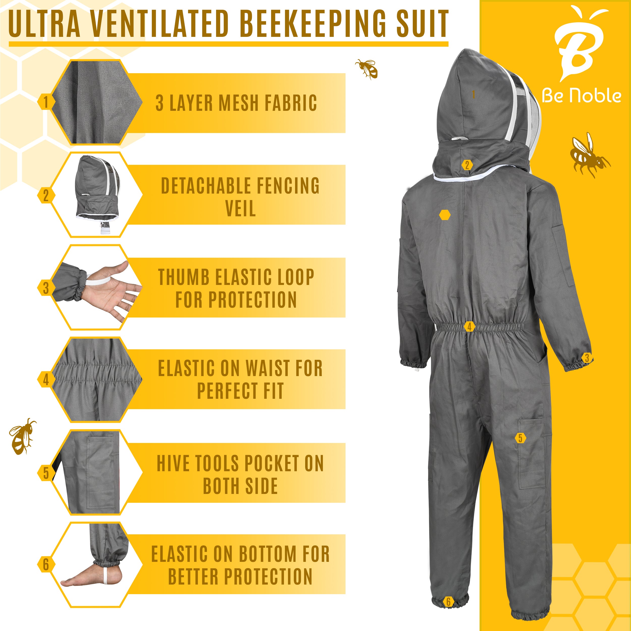 Be Noble Grey Bee Suits for Men and Women - Anti-sting Ventilated Cotton Beekeeper Costumes with Gloves Set.