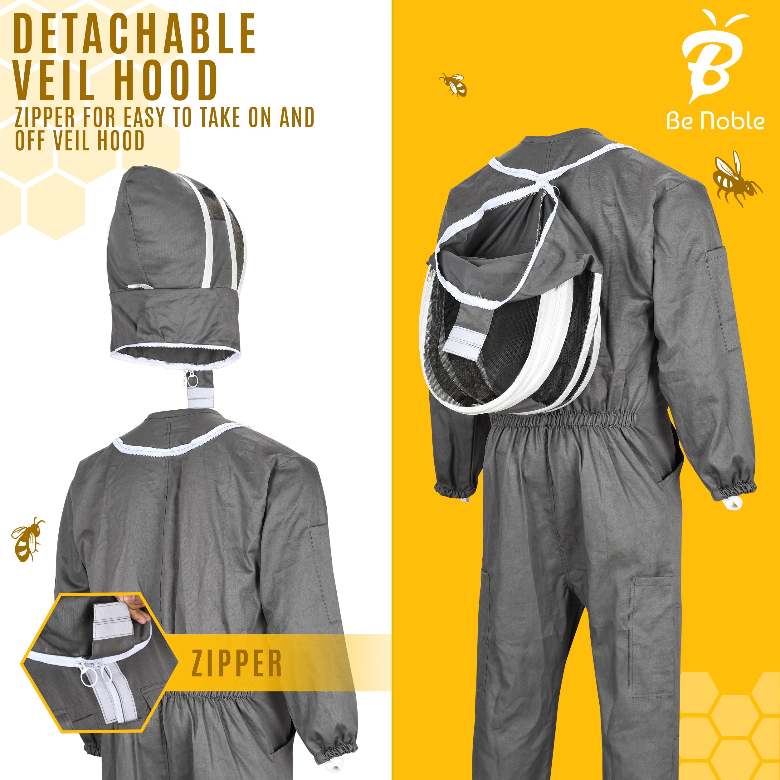 Be Noble Grey Bee Suits for Men and Women - Anti-sting Ventilated Cotton Beekeeper Costumes with Gloves Set.