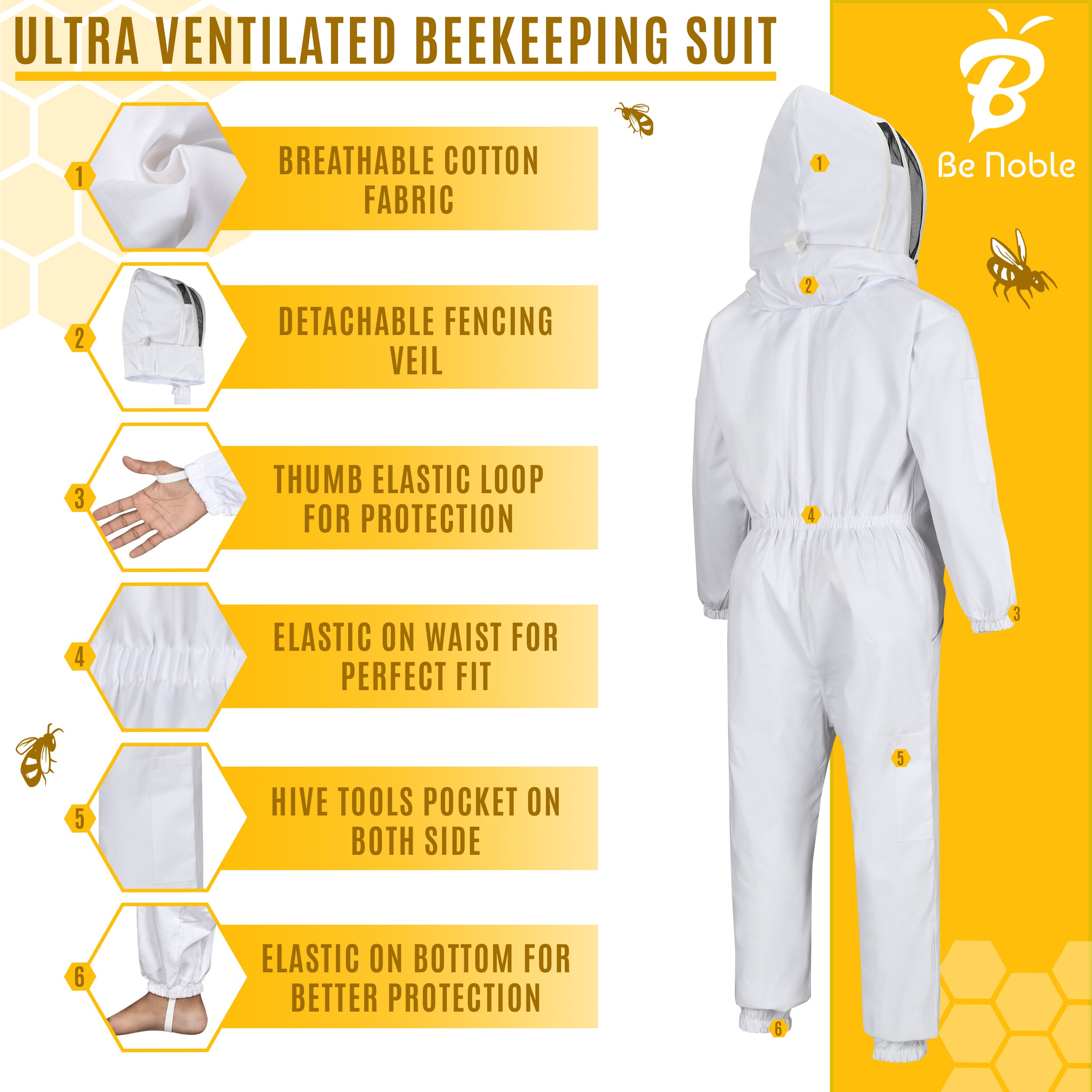 Be Noble White Bee Suits for Men and Women - Anti-sting Ventilated Cotton Beekeeper Costumes with Gloves Set.