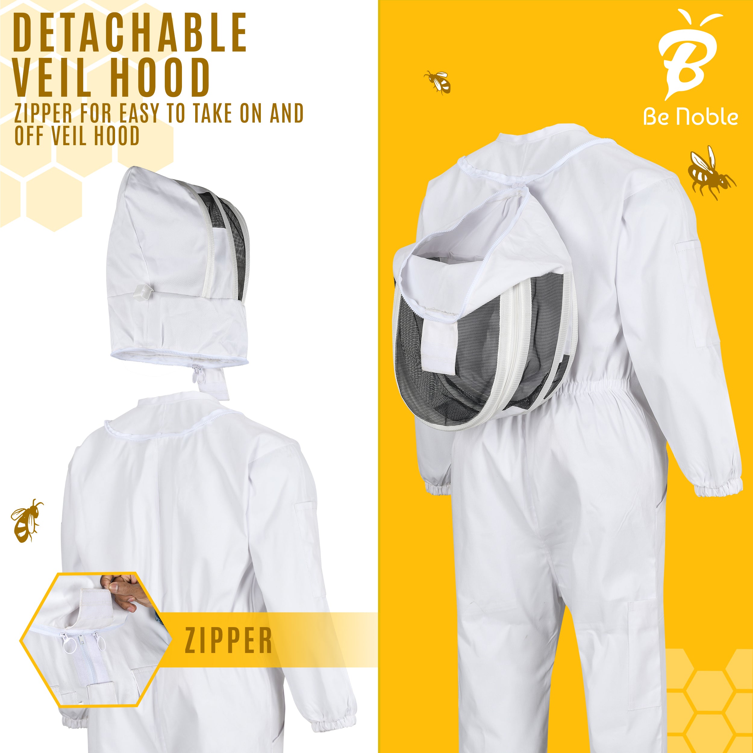 Be Noble White Bee Suits for Men and Women - Anti-sting Ventilated Cotton Beekeeper Costumes with Gloves Set.