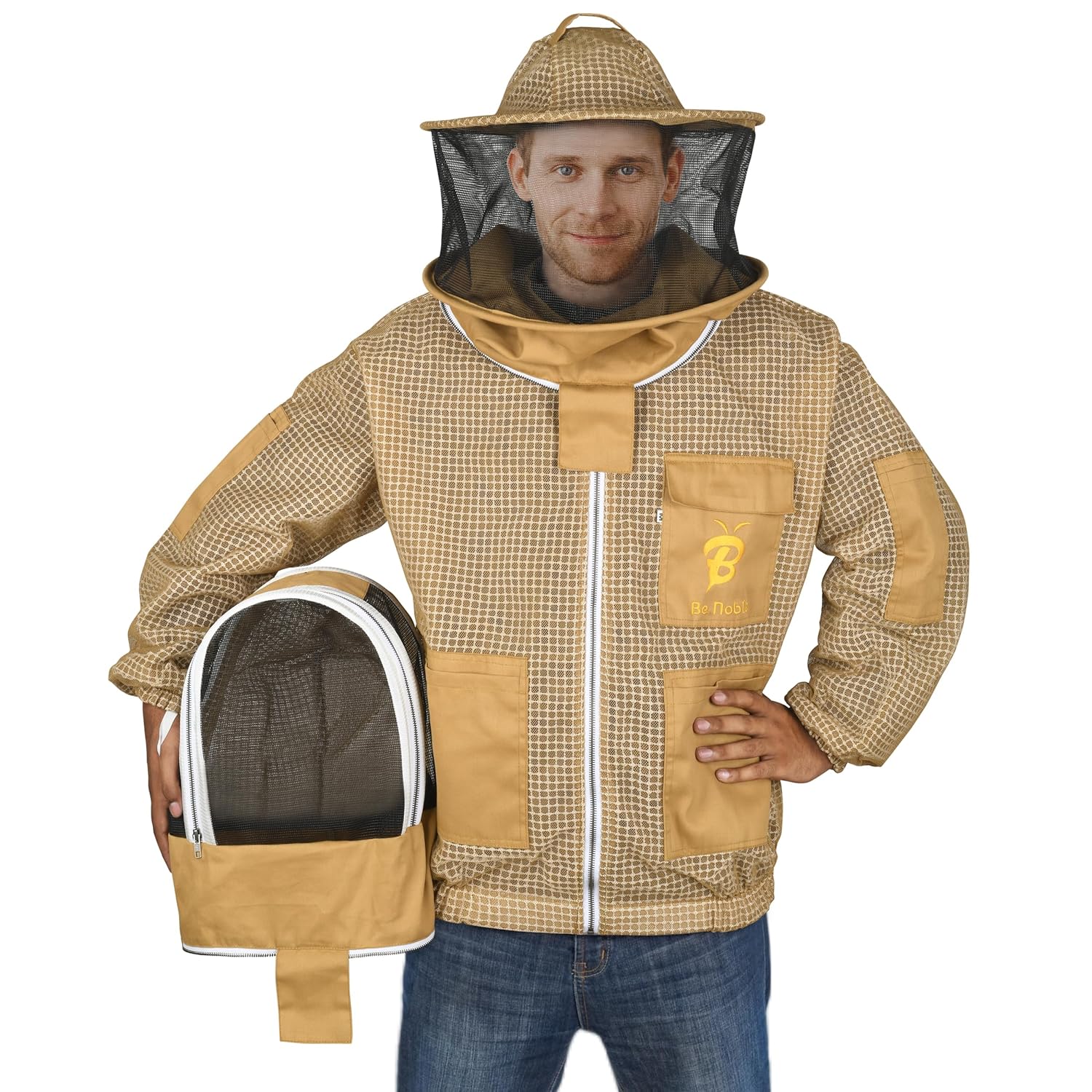 3 Layer Beekeeping Ultralight Ventilated Khaki Jacket with Two with Rou Veils. Fully Protective Metal Zipper Jacketnd Veil and Fencing Veil