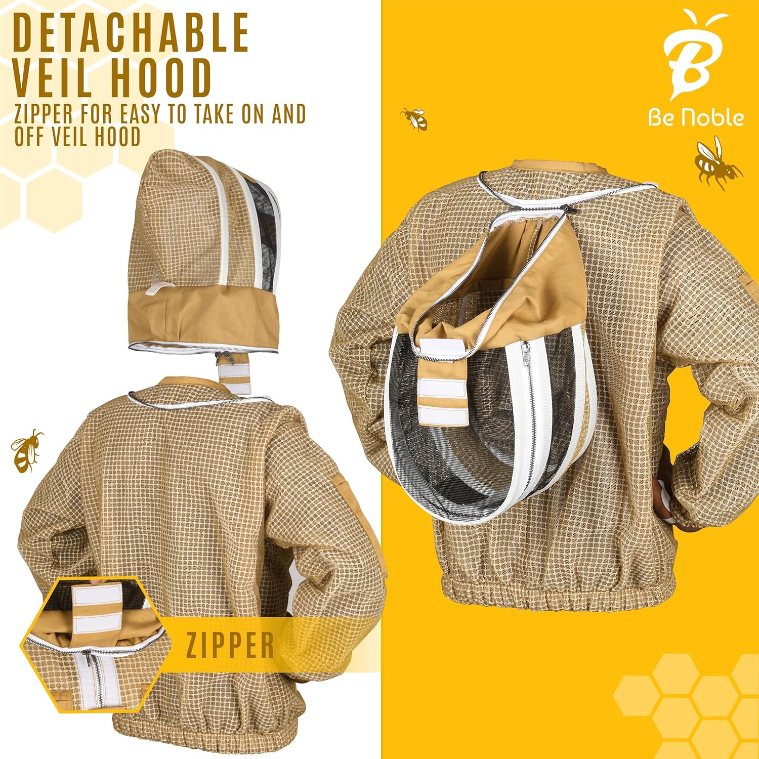 3 Layer Beekeeping Ultralight Ventilated Khaki Jacket with Two with Rou Veils. Fully Protective Metal Zipper Jacketnd Veil and Fencing Veil