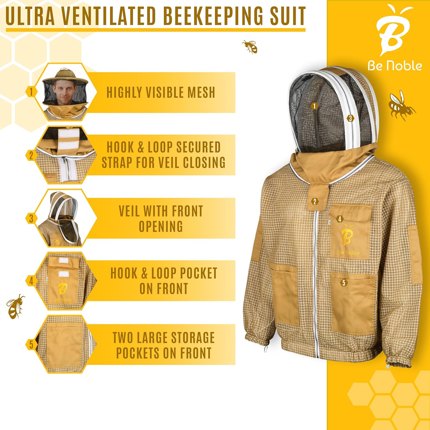 3 Layer Beekeeping Ultralight Ventilated Khaki Jacket with Two with Rou Veils. Fully Protective Metal Zipper Jacketnd Veil and Fencing Veil