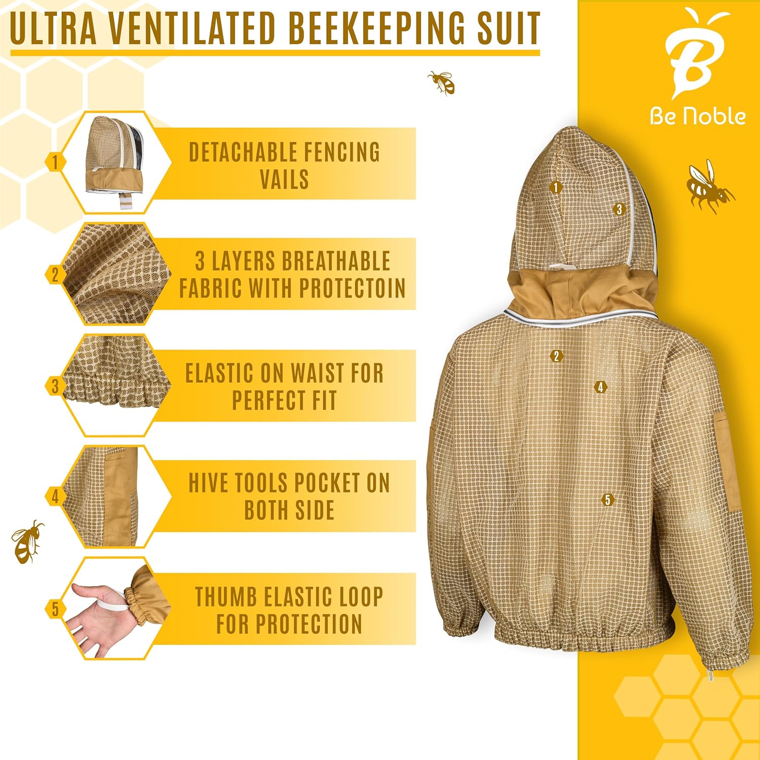 3 Layer Beekeeping Ultralight Ventilated Khaki Jacket with Two with Rou Veils. Fully Protective Metal Zipper Jacketnd Veil and Fencing Veil