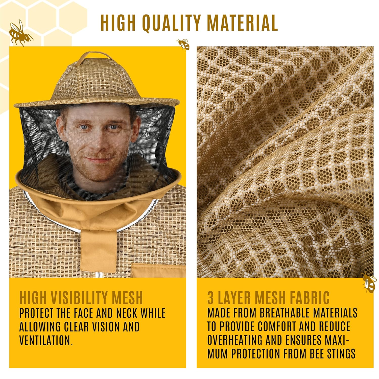 3 Layer Beekeeping Ultralight Ventilated Khaki Jacket with Two with Rou Veils. Fully Protective Metal Zipper Jacketnd Veil and Fencing Veil