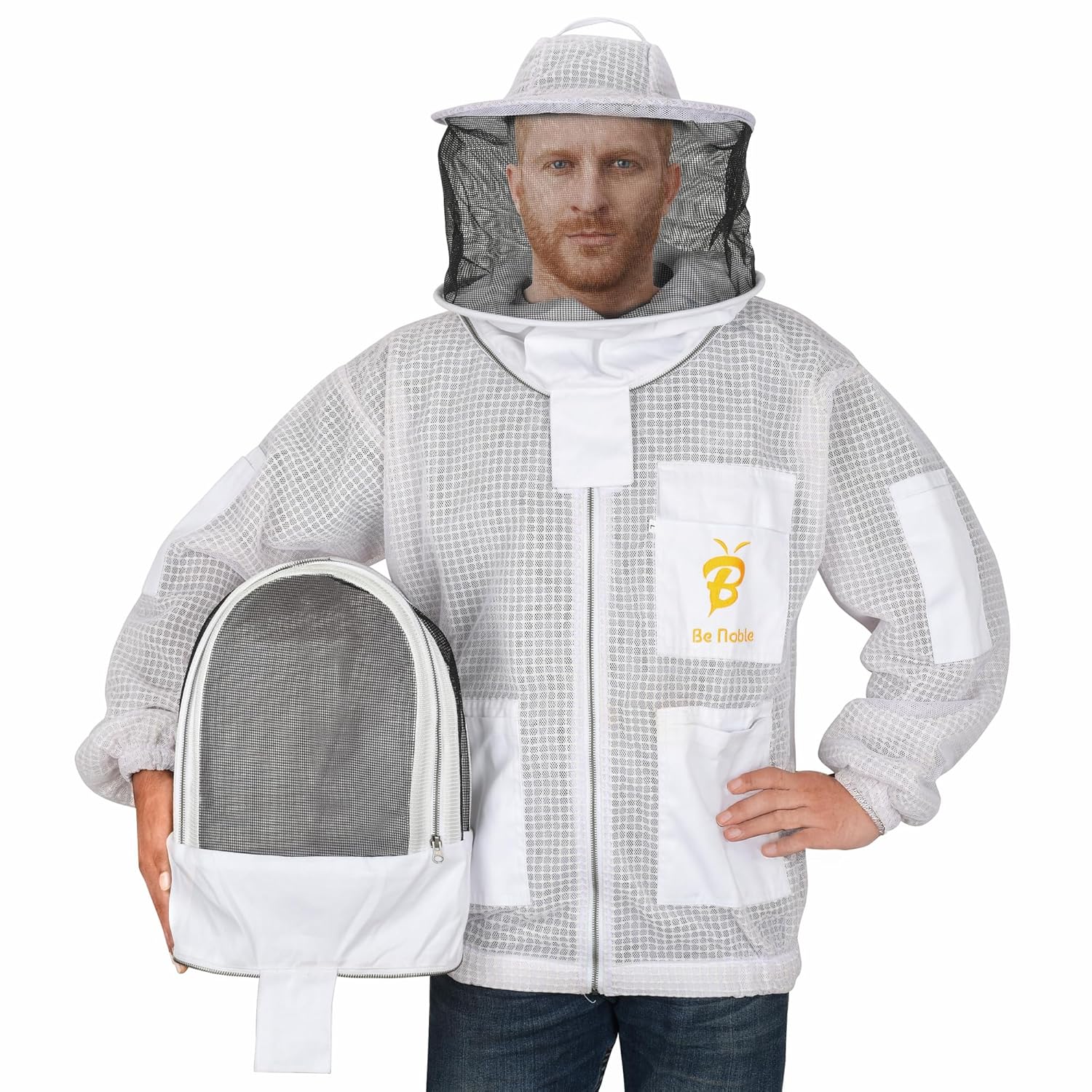 3 Layer Beekeeping Ventilated White Jacket with Two Veils Metal Zipper Jacket with Round Veil and Fencing Veil.