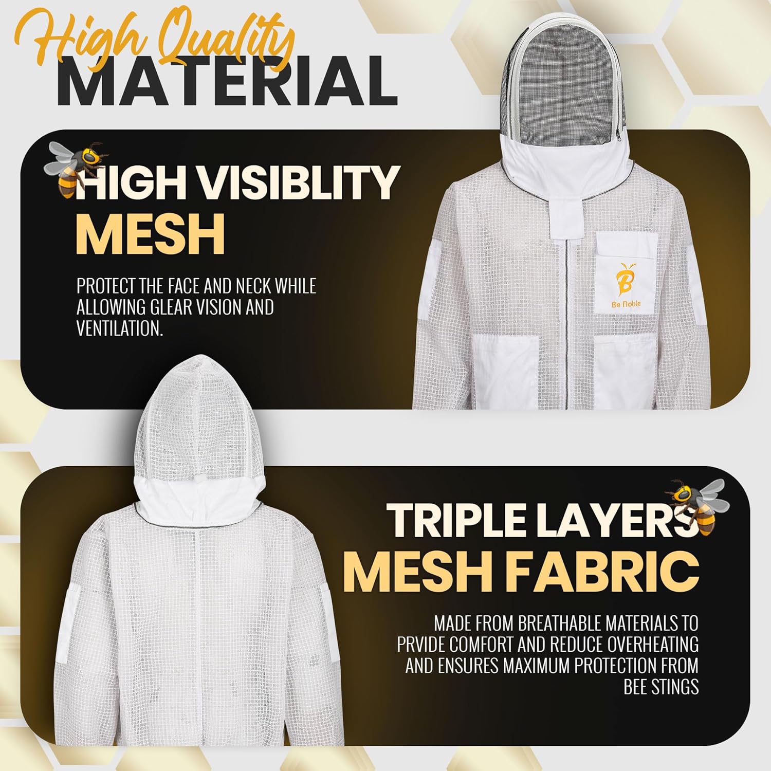 3 Layer Beekeeping Ventilated White Jacket with Two Veils Metal Zipper Jacket with Round Veil and Fencing Veil.