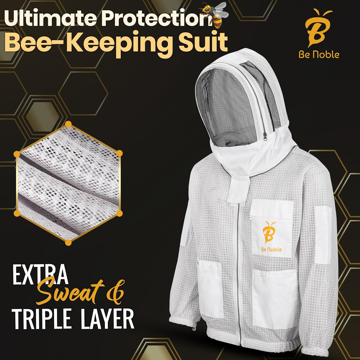 3 Layer Beekeeping Ventilated White Jacket with Two Veils Metal Zipper Jacket with Round Veil and Fencing Veil.