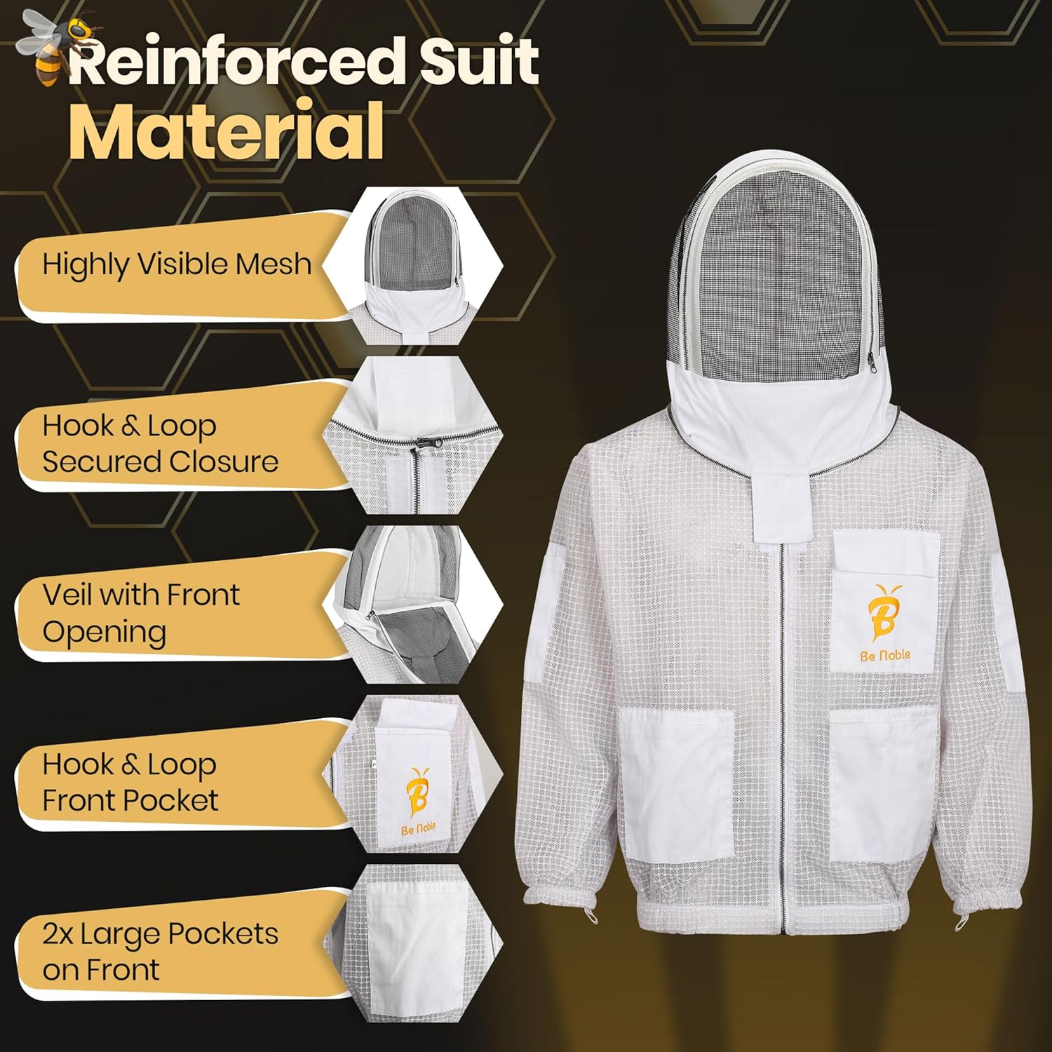 3 Layer Beekeeping Ventilated White Jacket with Two Veils Metal Zipper Jacket with Round Veil and Fencing Veil.