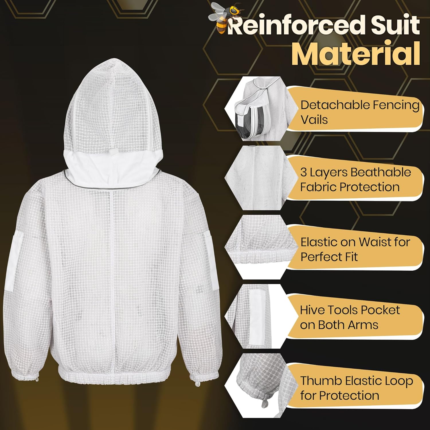 3 Layer Beekeeping Ventilated White Jacket with Two Veils Metal Zipper Jacket with Round Veil and Fencing Veil.