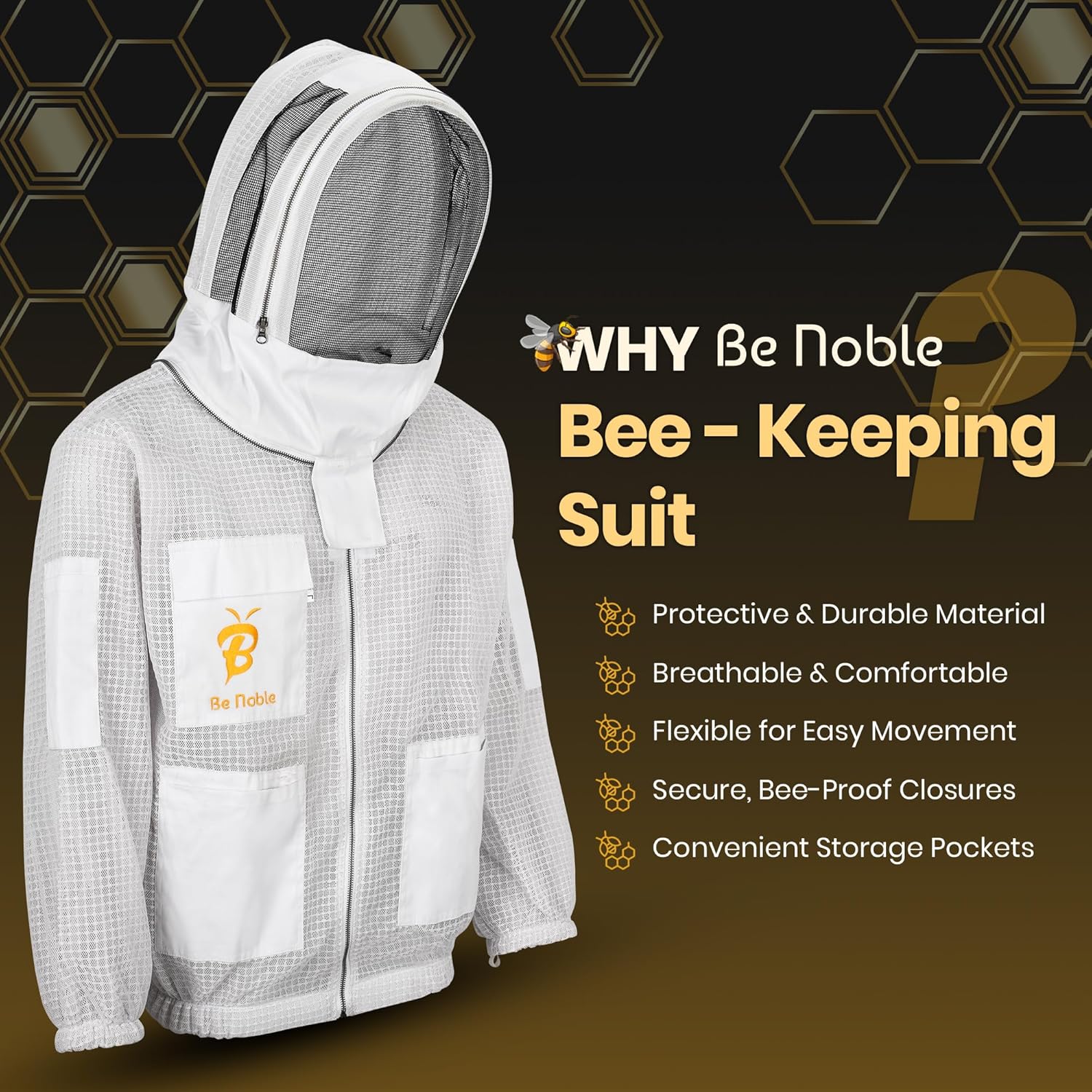 3 Layer Beekeeping Ventilated White Jacket with Two Veils Metal Zipper Jacket with Round Veil and Fencing Veil.